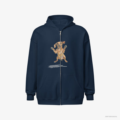 Dachshund Hoodie – Men Navy Hoodie Full-Zip – Jumping (on White Background)