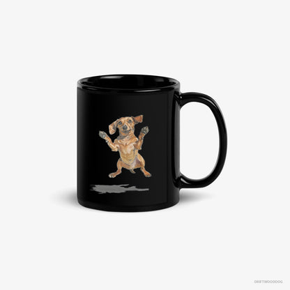 Dachshund Mug – Unisex Black Mug Classic – Jumping (on White Background)