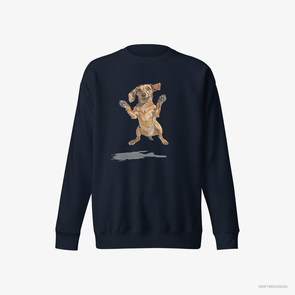 Dachshund Sweatshirt – Women Navy Sweatshirt Eco-Friendly – Jumping (on White Background)