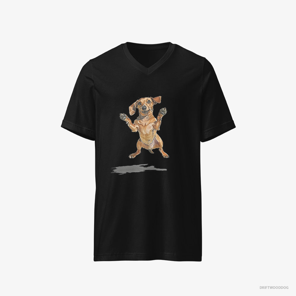 Dachshund T-Shirt – Men Black T-Shirt V-Neck – Jumping (on White Background)