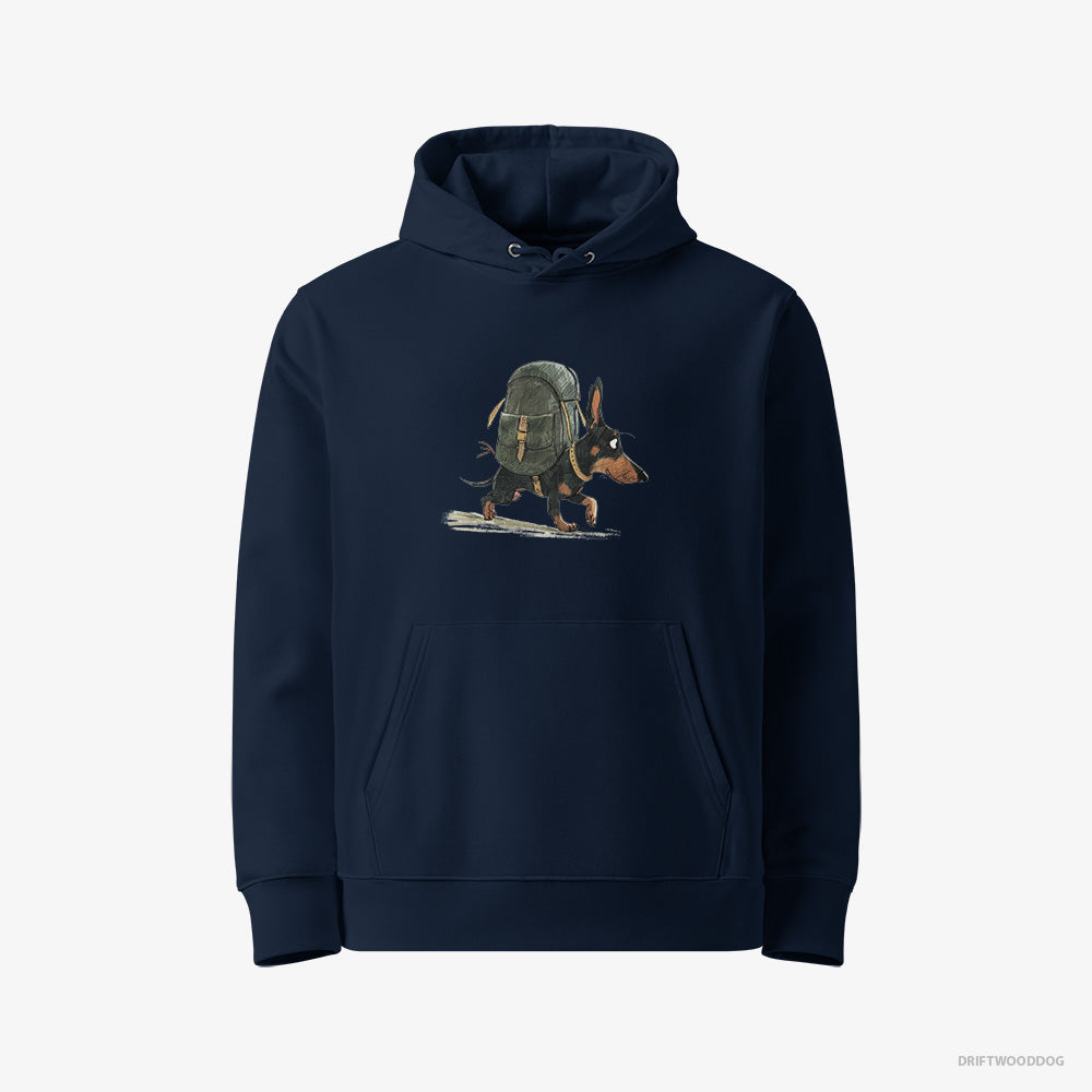 Dachshund Hoodie – Men Navy Hoodie Eco-Friendly – Backpacking (on White Background)