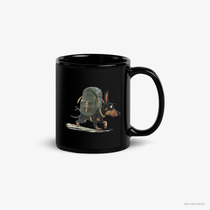 Dachshund Mug – Unisex Black Mug Classic – Backpacking (on White Background)