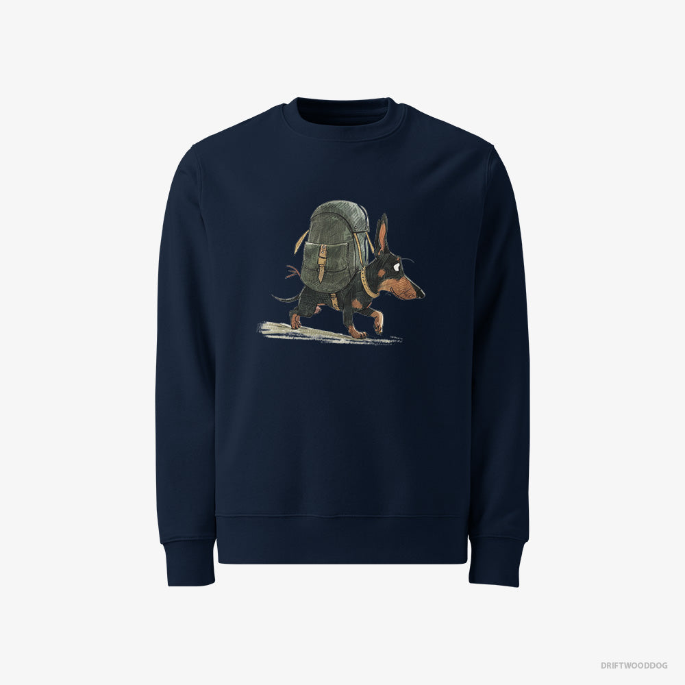 Dachshund Sweatshirt – Men Navy Sweatshirt Classic – Backpacking (on White Background)