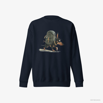 Dachshund Sweatshirt – Men Navy Sweatshirt Eco-Friendly – Backpacking (on White Background)