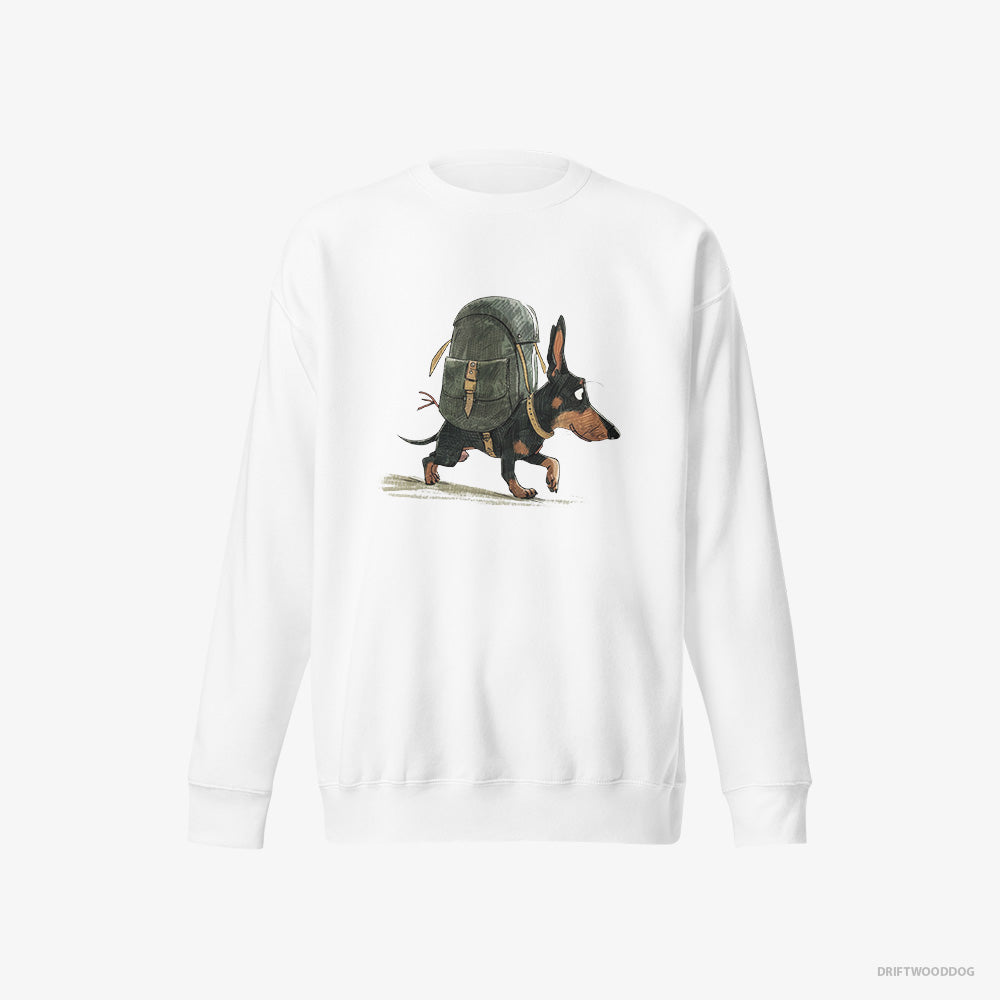 Dachshund Sweatshirt – Men White Sweatshirt Eco-Friendly – Backpacking (on White Background)