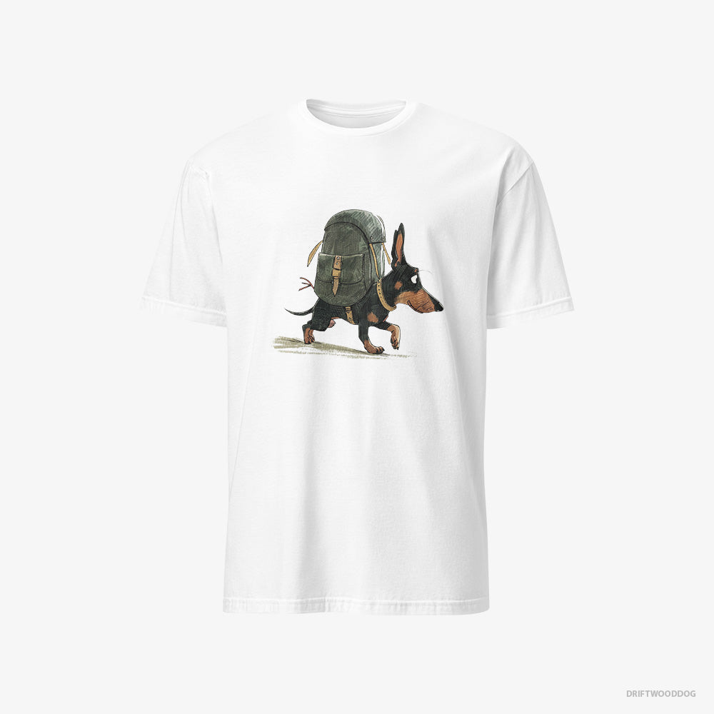 Dachshund T-Shirt – Men White T-Shirt Classic – Backpacking (on White Background)