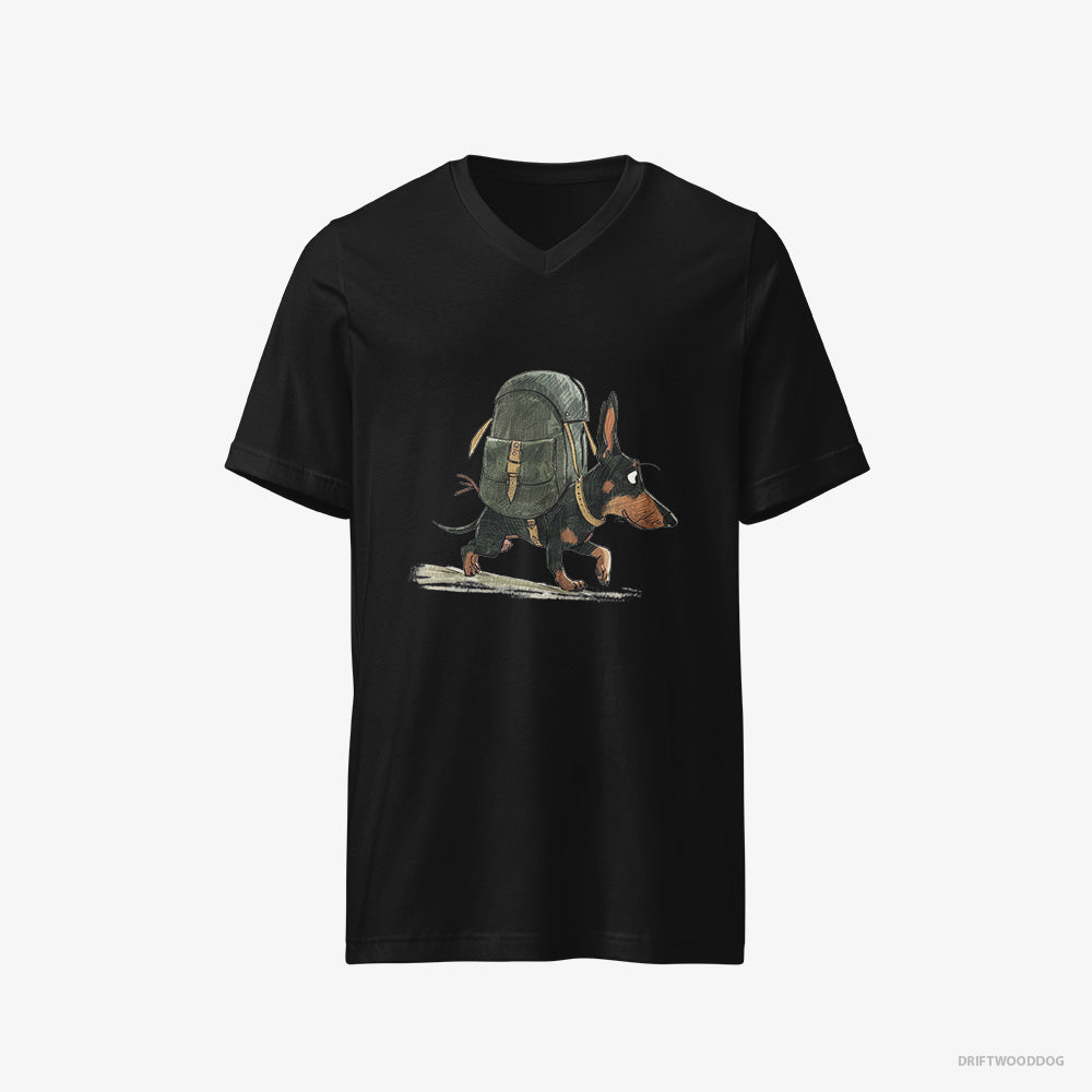 Dachshund T-Shirt – Men Black T-Shirt V-Neck – Backpacking (on White Background)