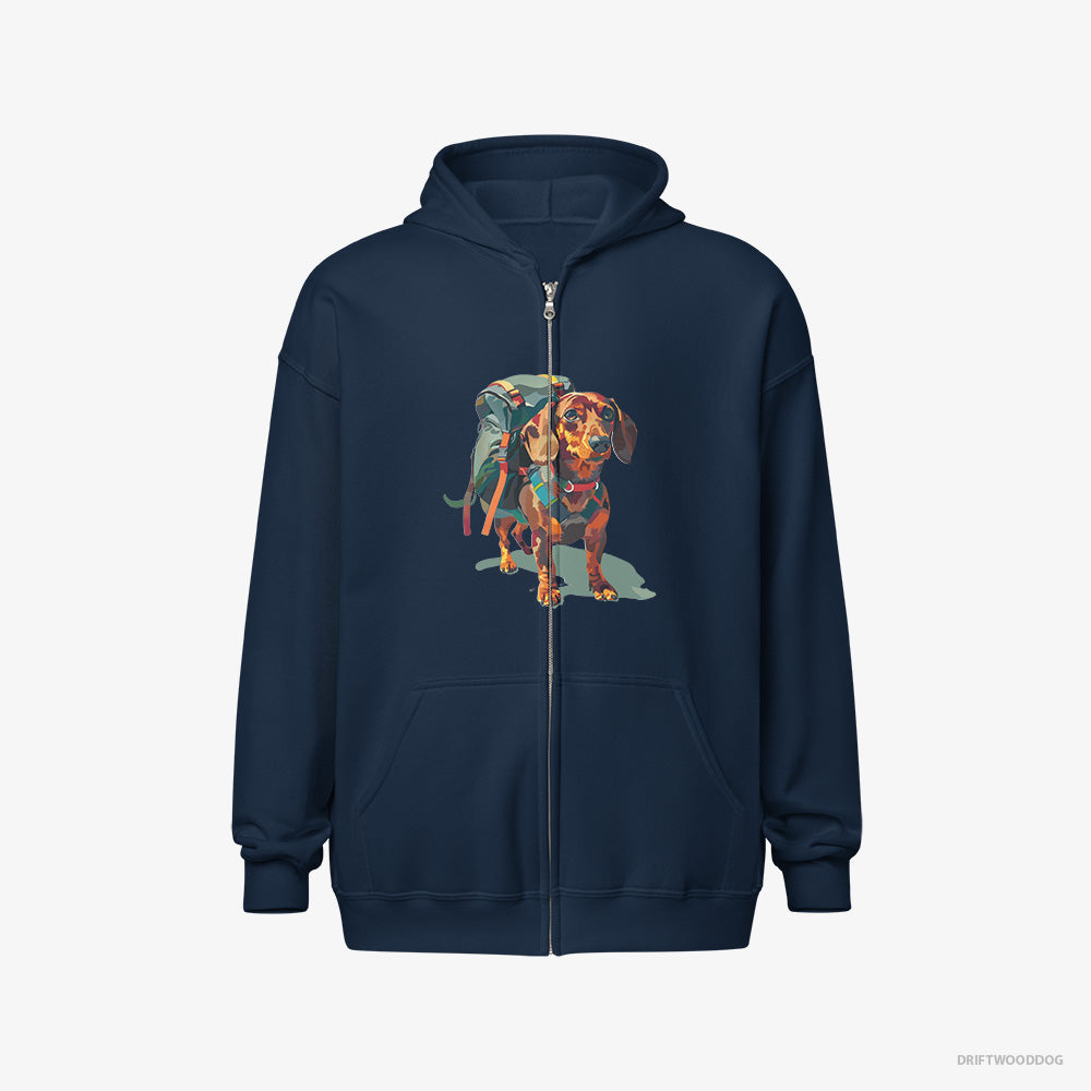 Dachshund Hoodie – Men Navy Hoodie Full-Zip – Ready for Hiking (on White Background)