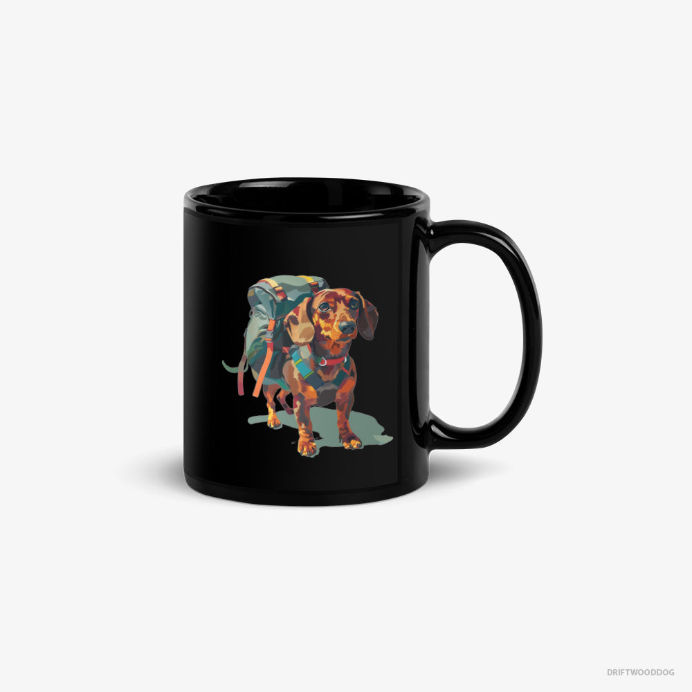 Dachshund Mug – Unisex Black Mug Classic – Ready for Hiking (on White Background)