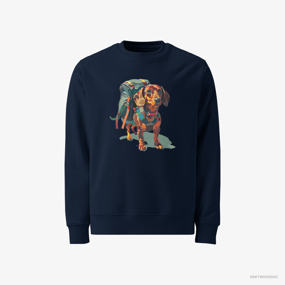 Dachshund Sweatshirt – Men Navy Sweatshirt Classic – Ready for Hiking (on White Background)