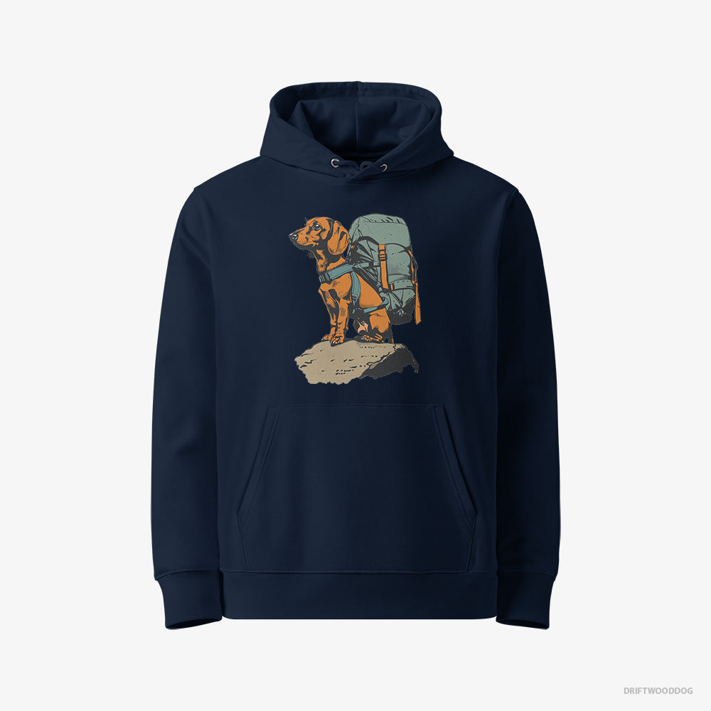 Dachshund Hoodie – Men Navy Hoodie Eco-Friendly – Backpacking Expedition (on White Background)