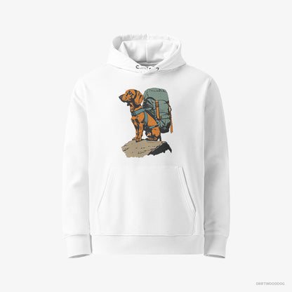 Dachshund Hoodie – Men White Hoodie Eco-Friendly – Backpacking Expedition (on White Background)