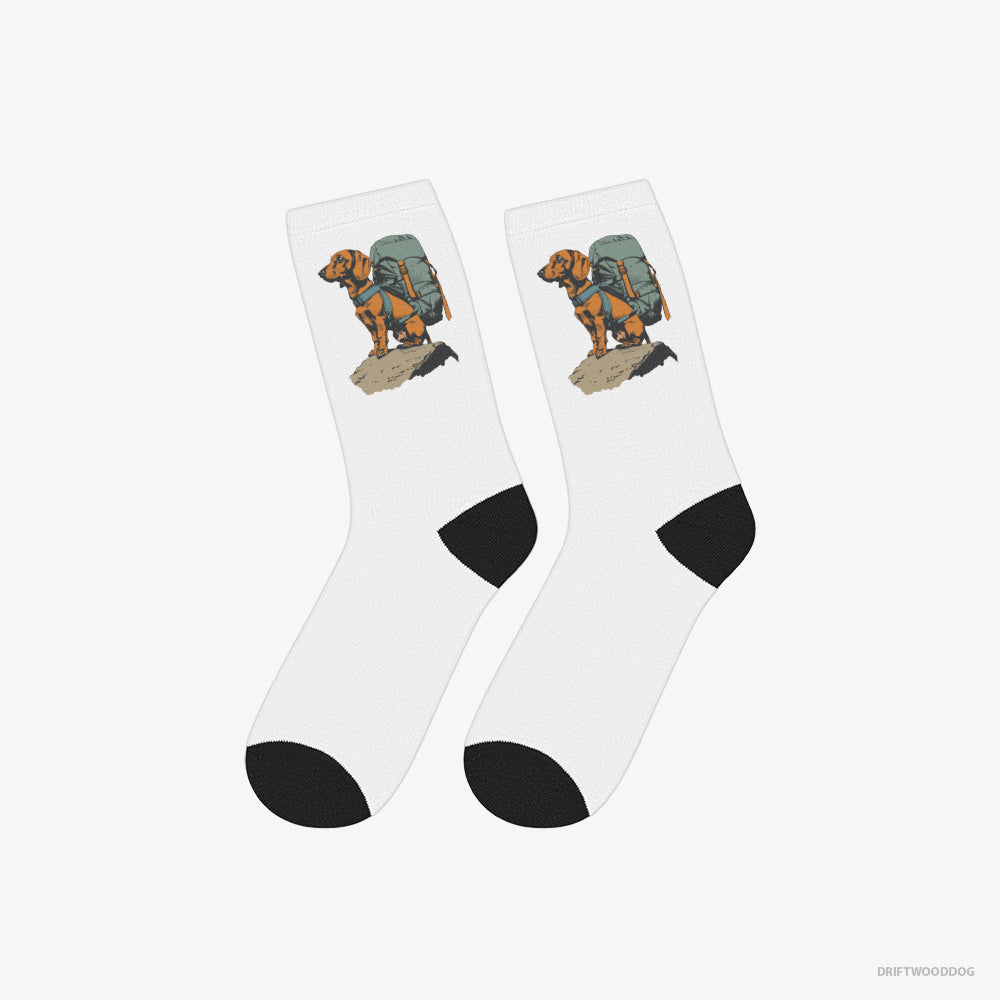 Dachshund Socks – Unisex White Socks Classic – Backpacking Expedition (on White Background)