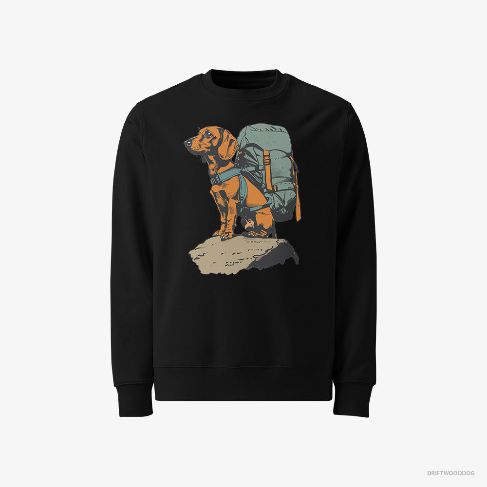 Dachshund Sweatshirt – Men Black Sweatshirt Classic – Backpacking Expedition (on White Background)