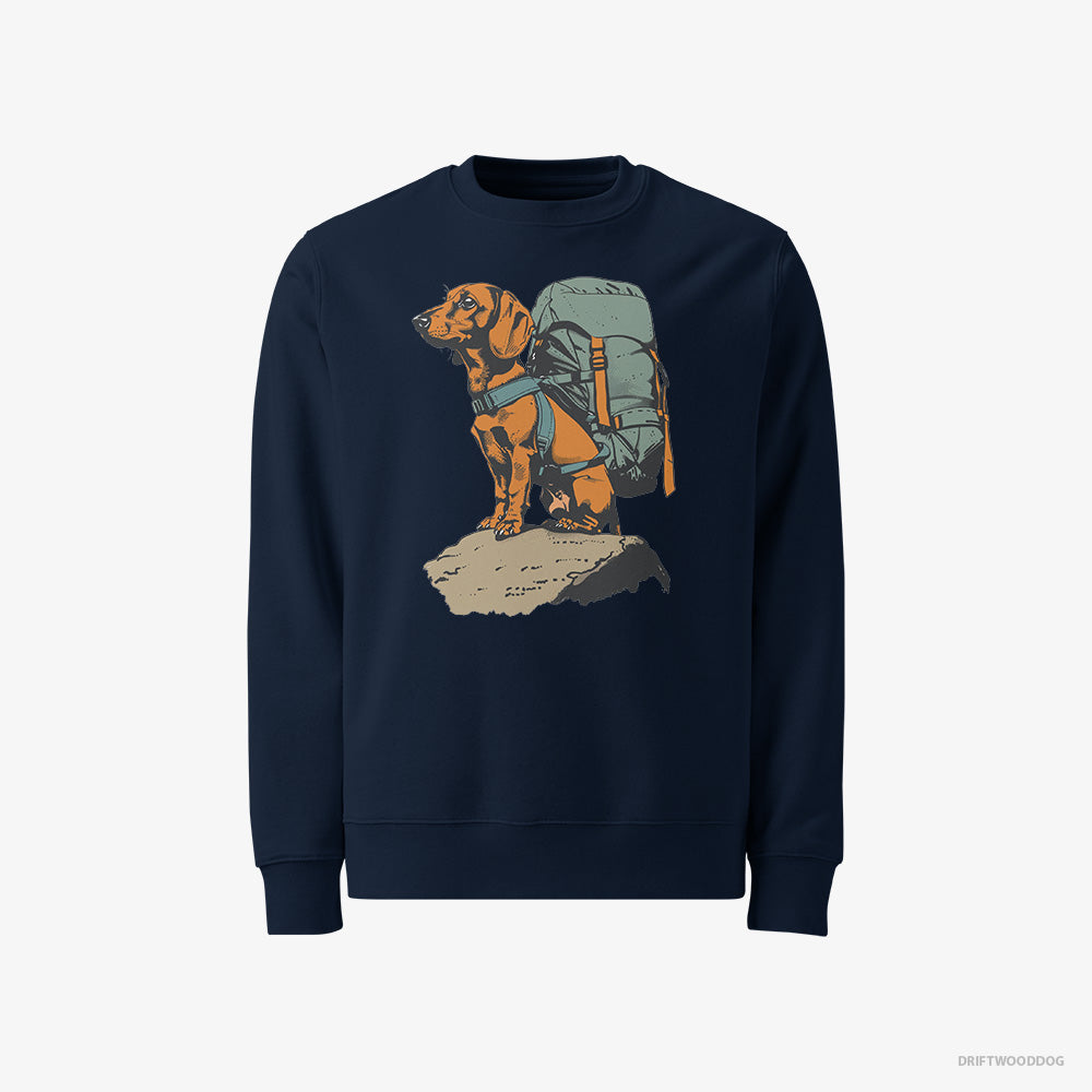 Dachshund Sweatshirt – Men Navy Sweatshirt Classic – Backpacking Expedition (on White Background)