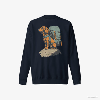 Dachshund Sweatshirt – Men Navy Sweatshirt Eco-Friendly – Backpacking Expedition (on White Background)