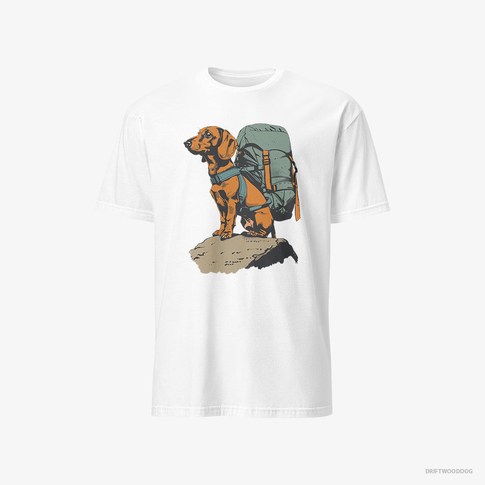 Dachshund T-Shirt – Men White T-Shirt Classic – Backpacking Expedition (on White Background)