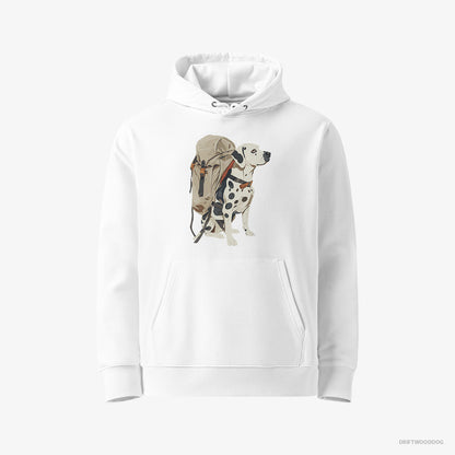 Dalmatian Hoodie – Men White Hoodie Eco-Friendly – Hiking with a Backpack (on White Background)