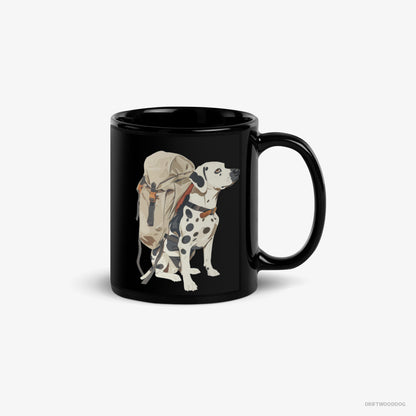 Dalmatian Mug – Unisex Black Mug Classic – Hiking with a Backpack (on White Background)