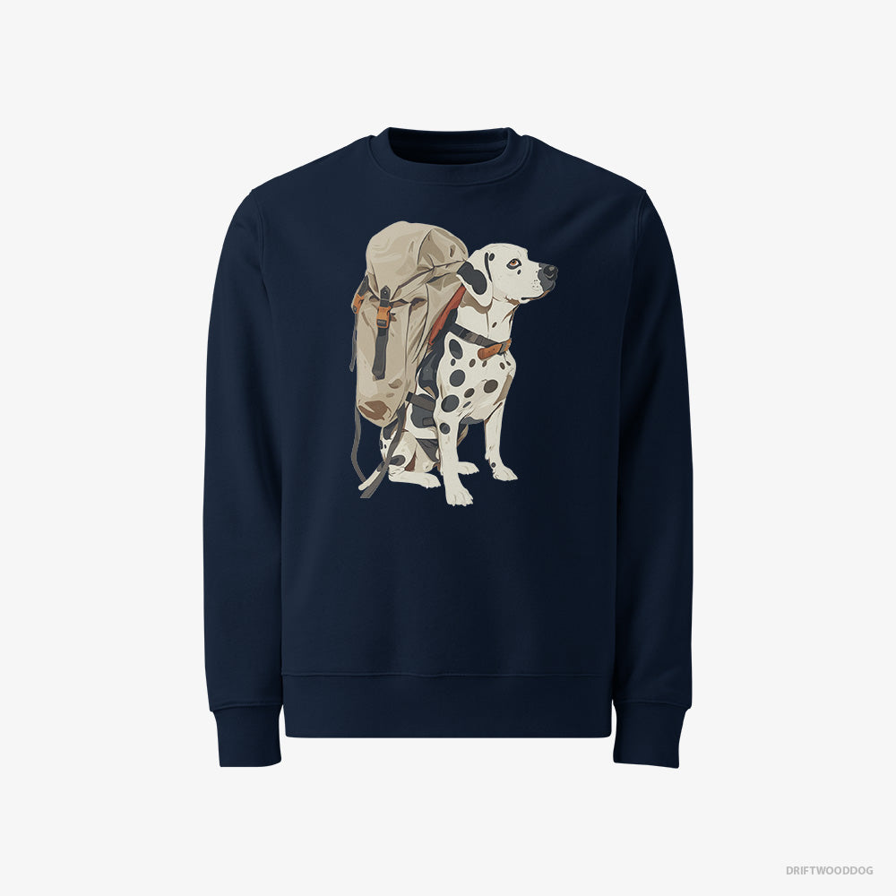 Dalmatian Sweatshirt – Men Navy Sweatshirt Classic – Hiking with a Backpack (on White Background)