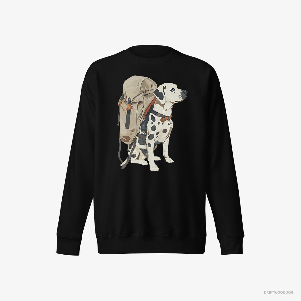 Dalmatian Sweatshirt – Women Black Sweatshirt Eco-Friendly – Hiking with a Backpack (on White Background)