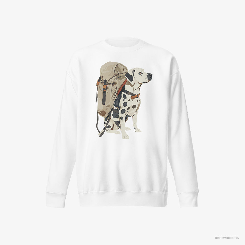 Dalmatian Sweatshirt – Men White Sweatshirt Eco-Friendly – Hiking with a Backpack (on White Background)