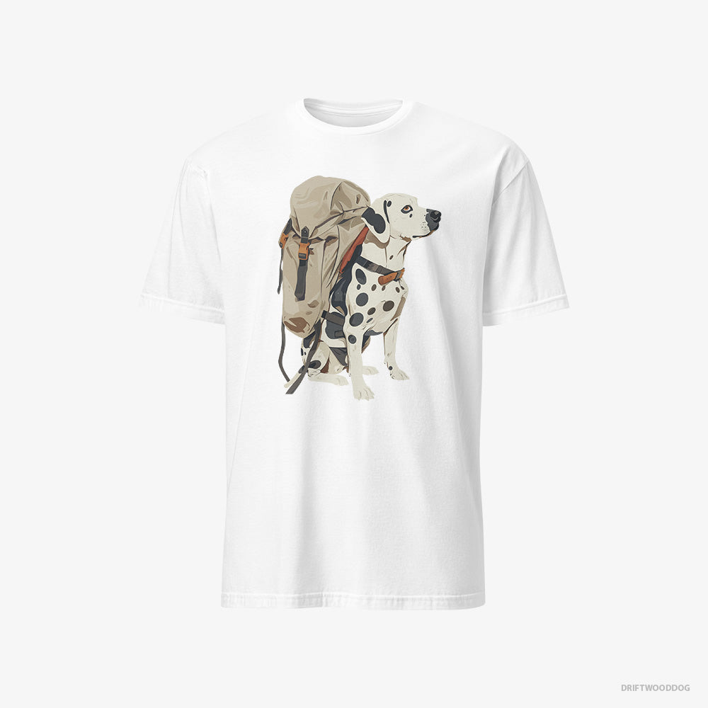 Dalmatian T-Shirt – Men White T-Shirt Classic – Hiking with a Backpack (on White Background)