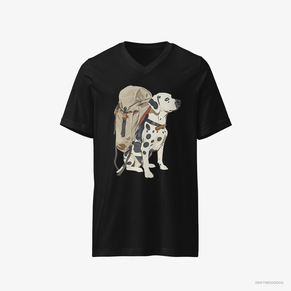 Dalmatian T-Shirt – Men Black T-Shirt V-Neck – Hiking with a Backpack (on White Background)