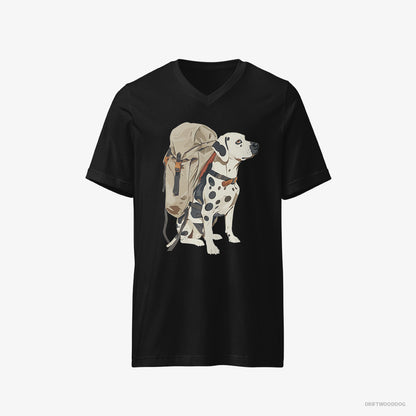 Dalmatian T-Shirt – Men Black T-Shirt V-Neck – Hiking with a Backpack (on White Background)