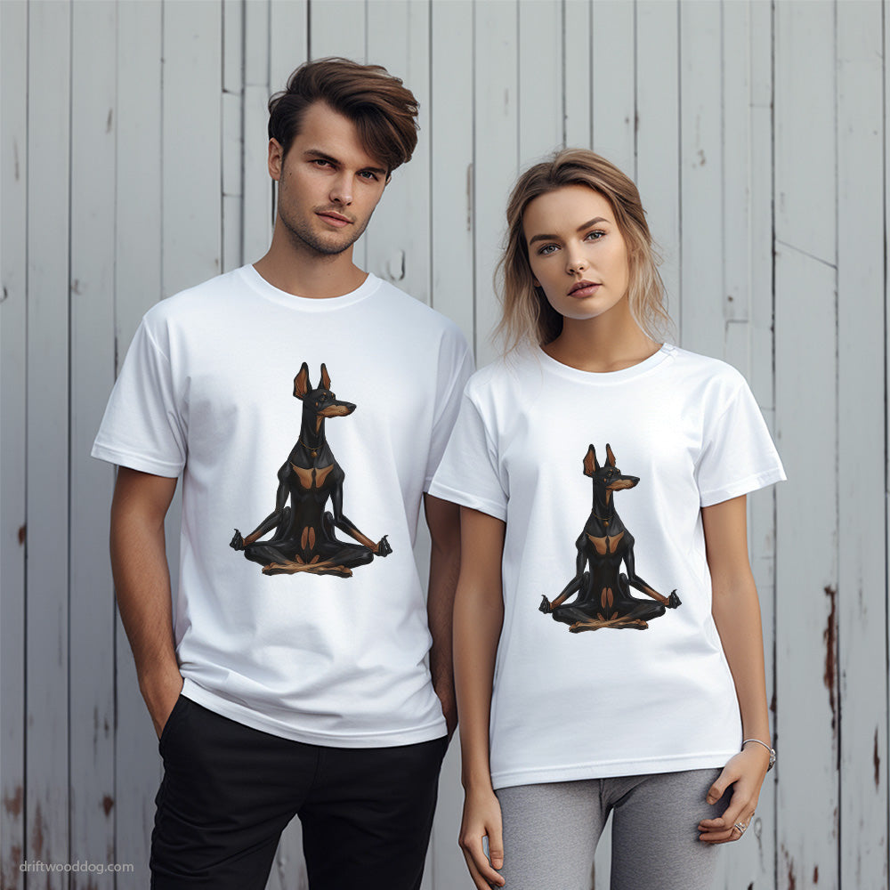 Serious Dobermann Meditating during Yoga T-Shirt – Unique Dog T-Shirts for Pet Lovers