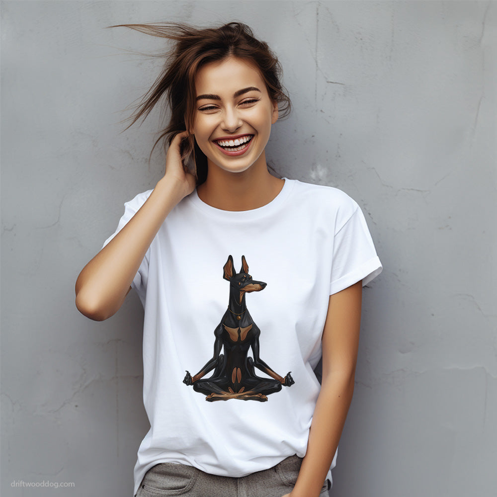 Serious Dobermann Meditating during Yoga T-Shirt – Custom Dog T-Shirts for Women