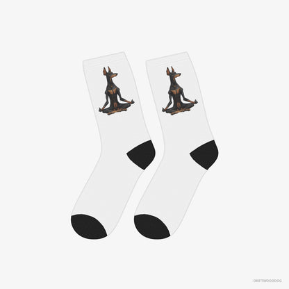 Dobermann Socks – Unisex White Socks Classic – Meditating during Yoga (on White Background)