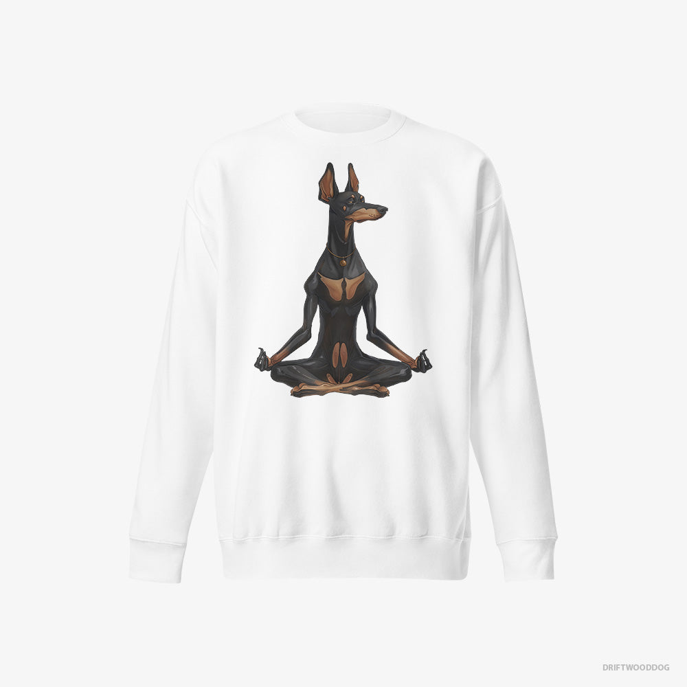 Dobermann Sweatshirt – Men White Sweatshirt Eco-Friendly – Meditating during Yoga (on White Background)