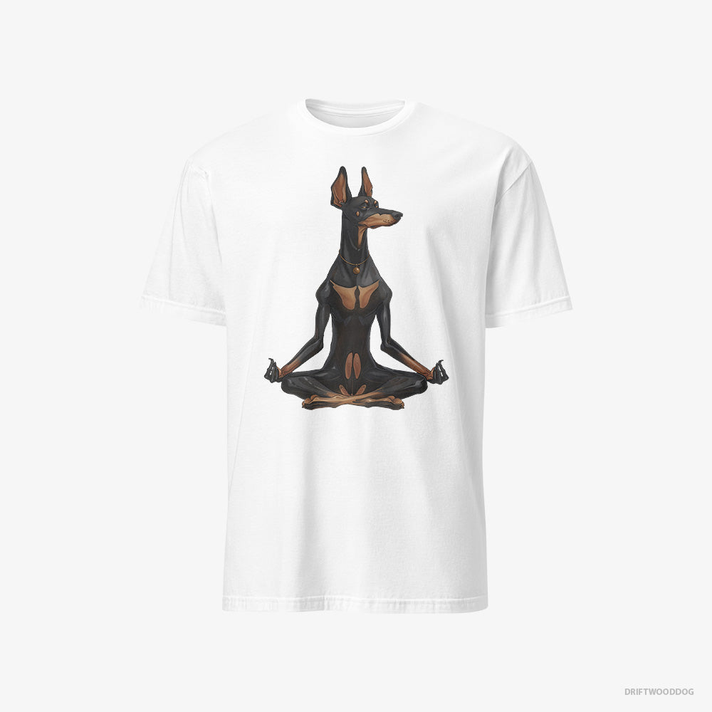 Dobermann T-Shirt – Men White T-Shirt Classic – Meditating during Yoga (on White Background)