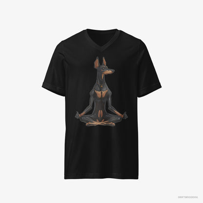 Dobermann T-Shirt – Men Black T-Shirt V-Neck – Meditating during Yoga (on White Background)