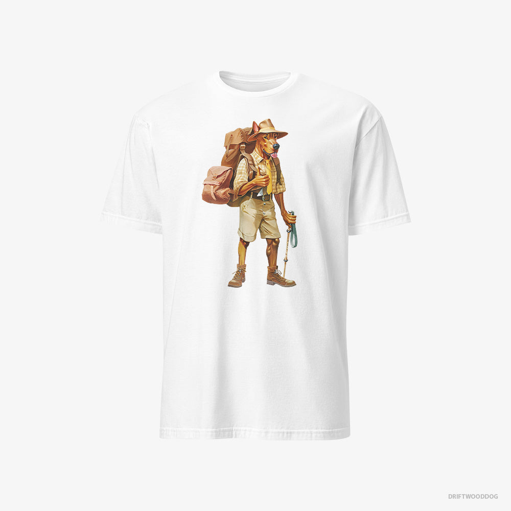 Dobermann T-Shirt – Men White T-Shirt Classic – Hiking with a Backpack (on White Background)