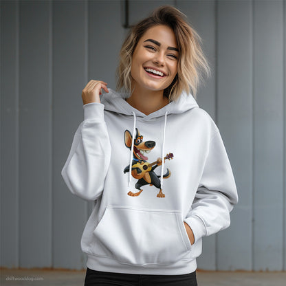 Funny Dobermann Playing Guitar Hoodie – Dog Graphic Hoodie for Women