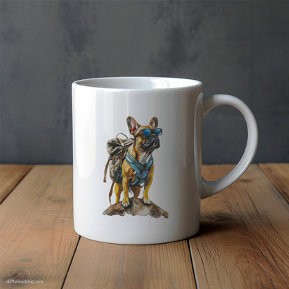 French Bulldog Exploring with a Backpack and Sunglasses Mug – Unique Dog Cups | Dog-Themed Mugs