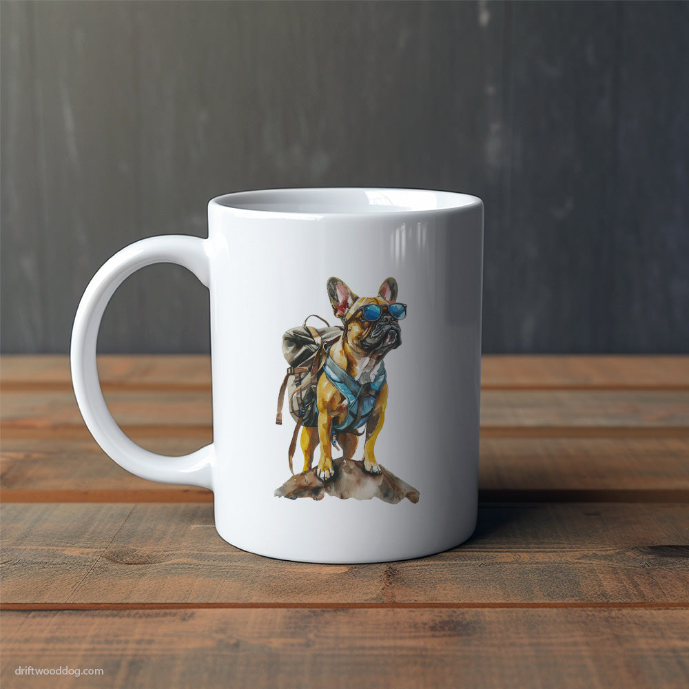 French Bulldog Exploring with a Backpack and Sunglasses Mug – Cute Dog-Themed Mugs | Perfect Gifts for Dog Lovers