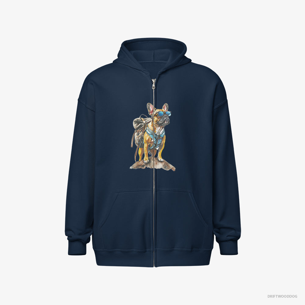 French Bulldog Hoodie – Men Navy Hoodie Full-Zip – Exploring with a Backpack and Sunglasses (on White Background)