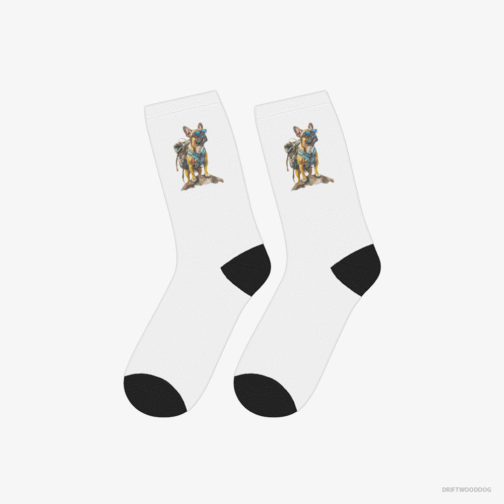 French Bulldog Socks – Unisex White Socks Classic – Exploring with a Backpack and Sunglasses (on White Background)