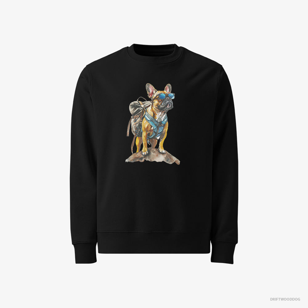 French Bulldog Sweatshirt – Men Black Sweatshirt Classic – Exploring with a Backpack and Sunglasses (on White Background)