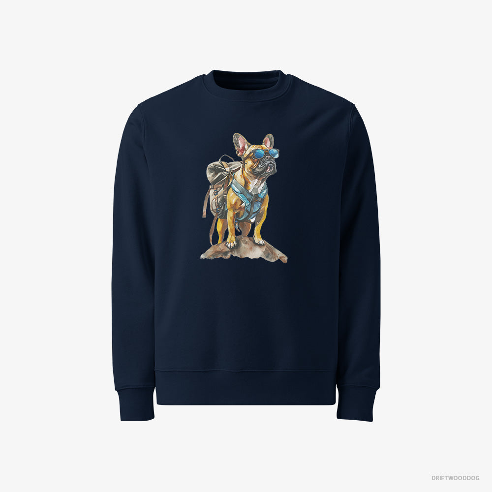 French Bulldog Sweatshirt – Men Navy Sweatshirt Classic – Exploring with a Backpack and Sunglasses (on White Background)