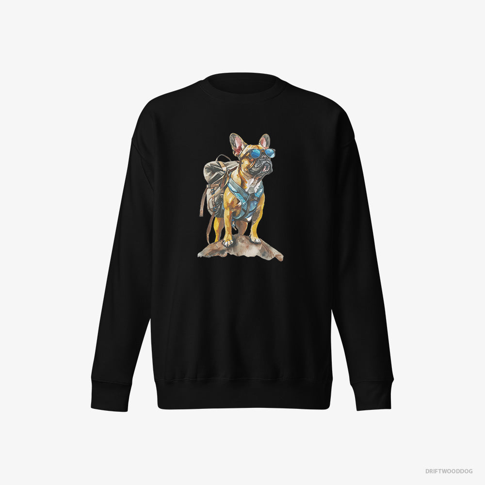 French Bulldog Sweatshirt – Men Black Sweatshirt Eco-Friendly – Exploring with a Backpack and Sunglasses (on White Background)