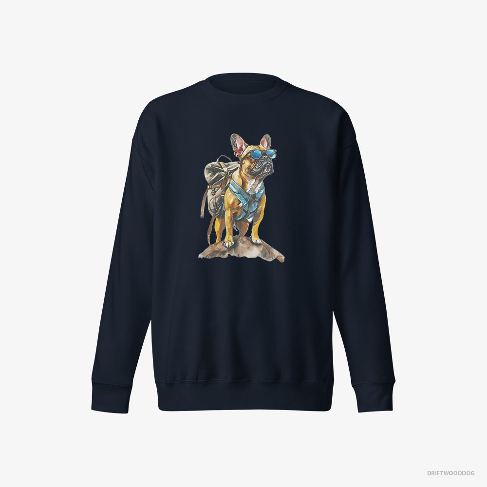 French Bulldog Sweatshirt – Women Navy Sweatshirt Eco-Friendly – Exploring with a Backpack and Sunglasses (on White Background)