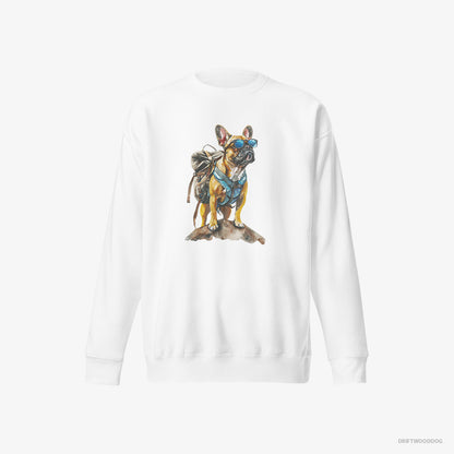 French Bulldog Exploring with a Backpack and Sunglasses White Sweatshirt