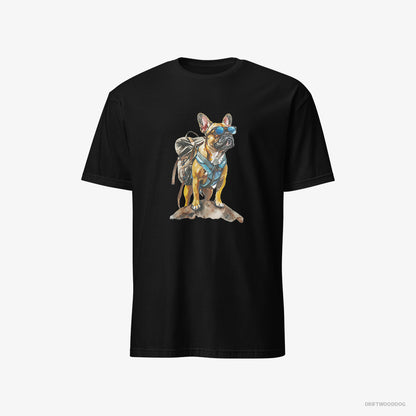 French Bulldog Exploring with a Backpack and Sunglasses Black T-Shirt