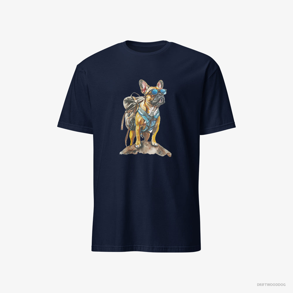 French Bulldog T-Shirt – Men Navy T-Shirt Classic – Exploring with a Backpack and Sunglasses (on White Background)