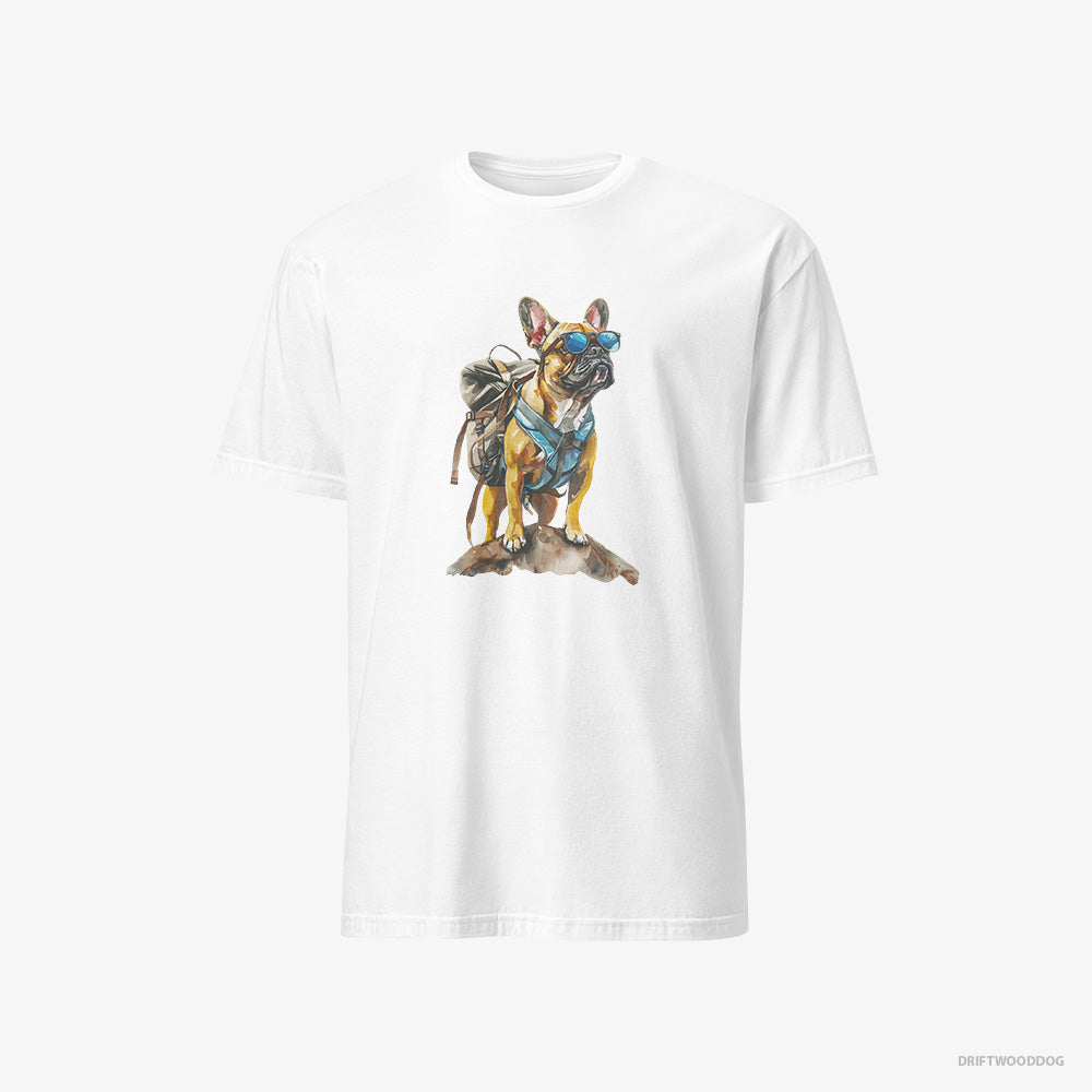 French Bulldog T-Shirt – Men White T-Shirt Classic – Exploring with a Backpack and Sunglasses (on White Background)