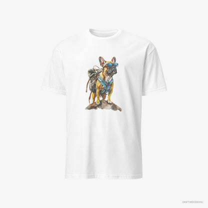 French Bulldog T-Shirt – Men White T-Shirt Classic – Exploring with a Backpack and Sunglasses (on White Background)